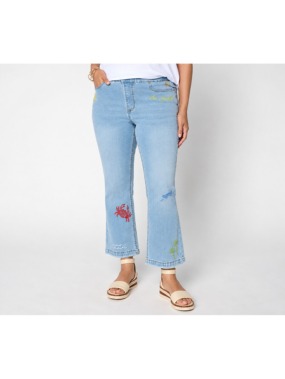 Susan Graver Stretch Denim Soleil Embroidered Jeans Light Wash, Size Petite 2